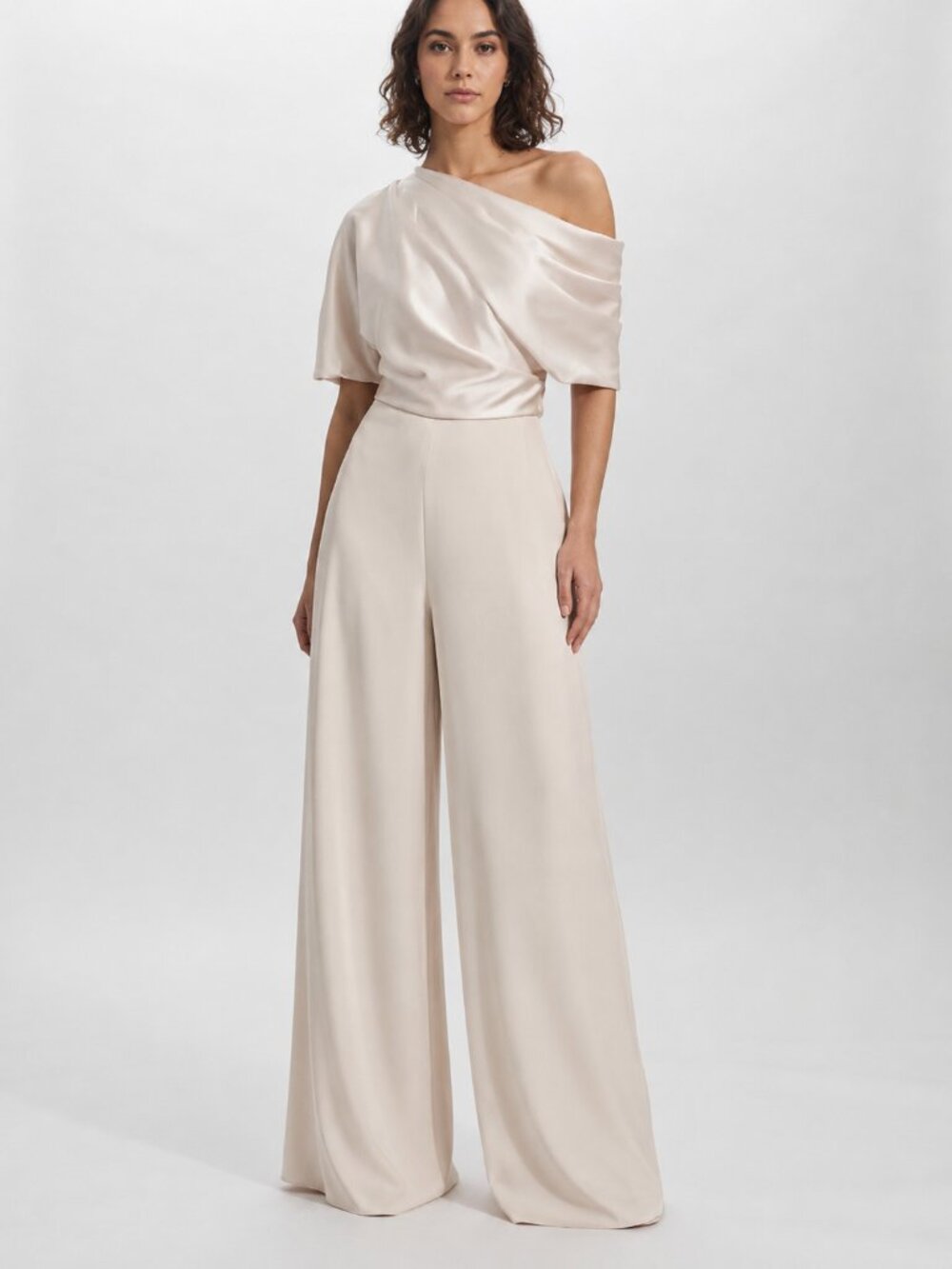 NWT Amsale Champagne Satin Fluid The Slouch One Shoulder Wide Leg Jumpsuit